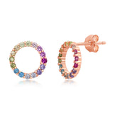Sterling Silver Rainbow CZ Open Circle Stud Earrings - Rose Gold Plated